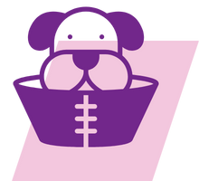pink and purple geometric icon of a dog wearing a recovery cone