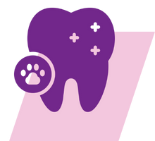 pink and purple geometric icon of a tooth and paw symbol